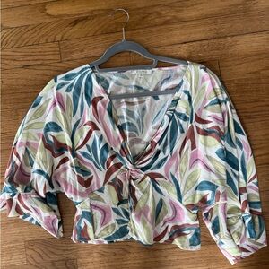 Z Supply Green and Pink 3/4 Sleeve Wrap Blouse